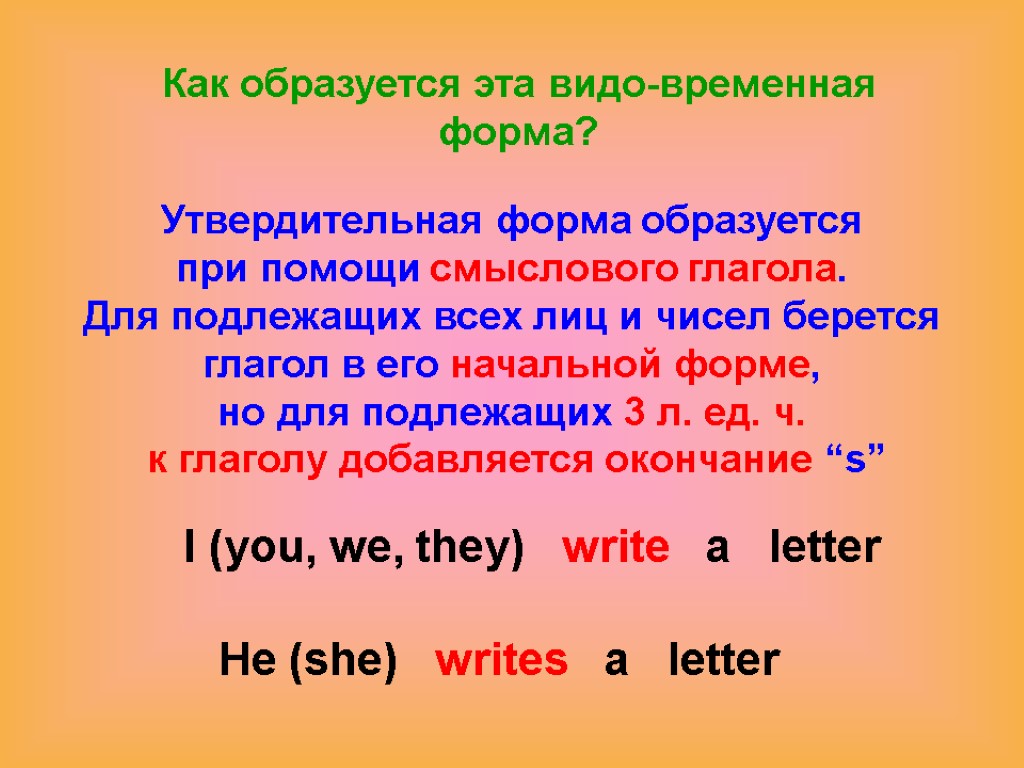 Как образуется эта видо-временная форма? Утвердительная форма образуется при помощи смыслового глагола. Для подлежащих